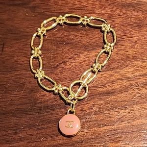 Authentic Pink Chanel Charm Finding on 24K GF Toggle Bracelet Chain